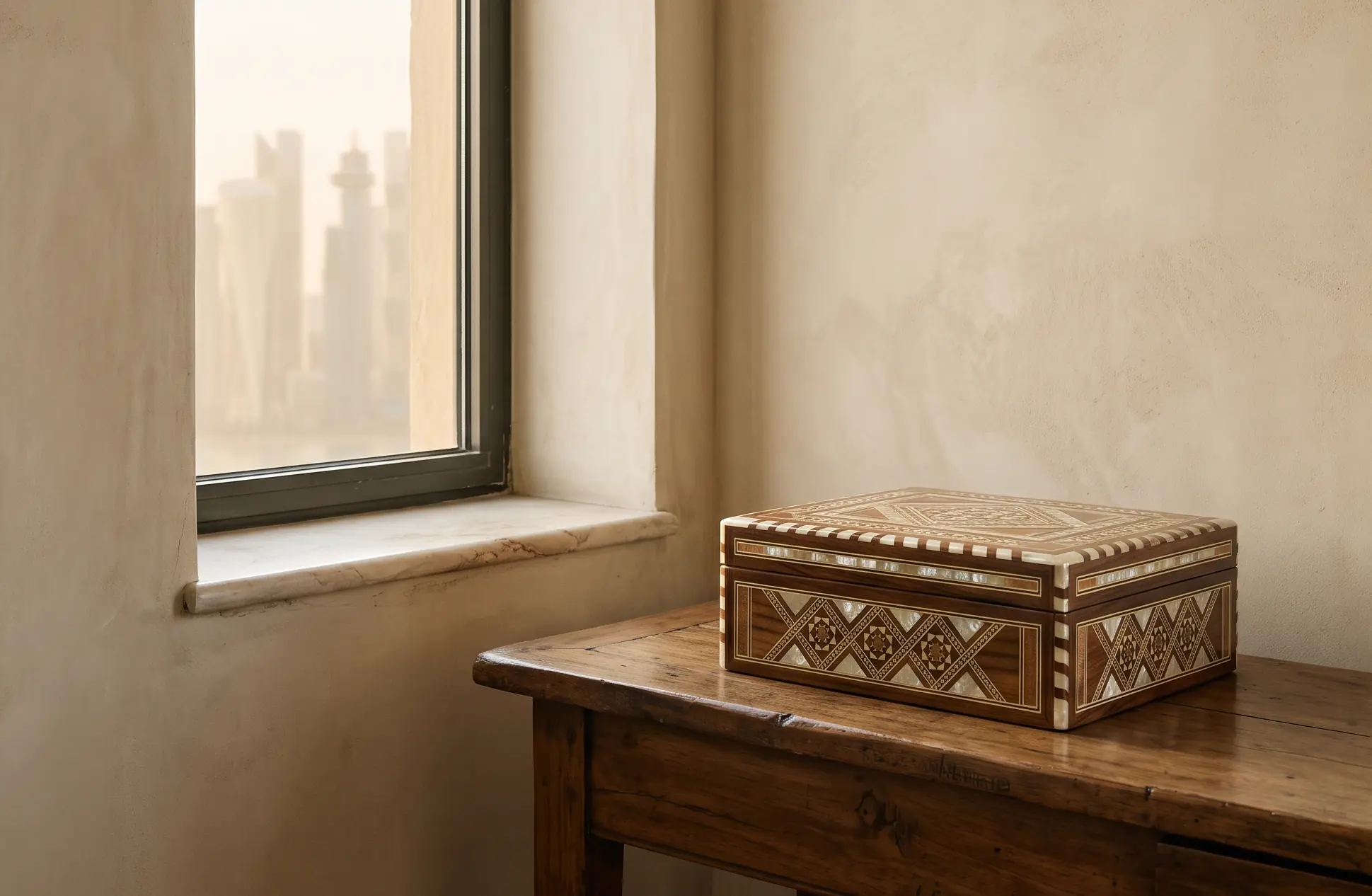 Damascene mosaic boxes inlaid with mother-of-pearl on a workbench — Boxes Trading, Doha